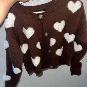 Forever 21 Brown and White Heart Cardigan Sweater